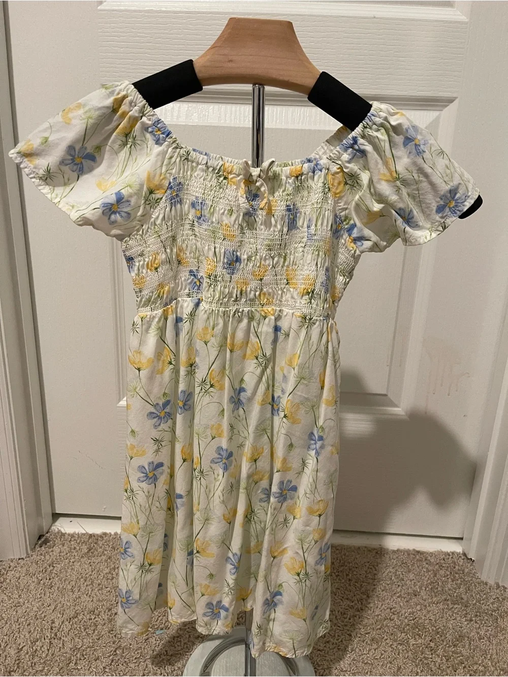 Girls Smocked Floral Off-Shoulder Dress - White with Blue & Yellow Flowers